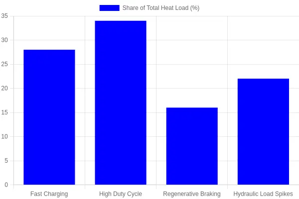 Bar chart showing battery pack heat load by source during a heavy summer excavator cycle: fast charging 28%, high duty cycle 34%, regenerative braking 16%, hydraulic load spikes 22%.