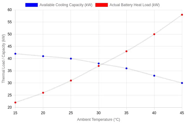 Line chart showing available cooling capacity versus actual battery heat load across ambient temperatures from 15 to 45 degrees Celsius, with the two lines crossing between 30 and 35 degrees