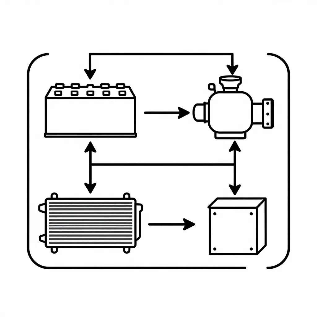 Schematic of a hybrid excavator battery thermal management cooling loop showing the battery pack, coolant pump, radiator, and control unit connected in sequence with directional flow arrows