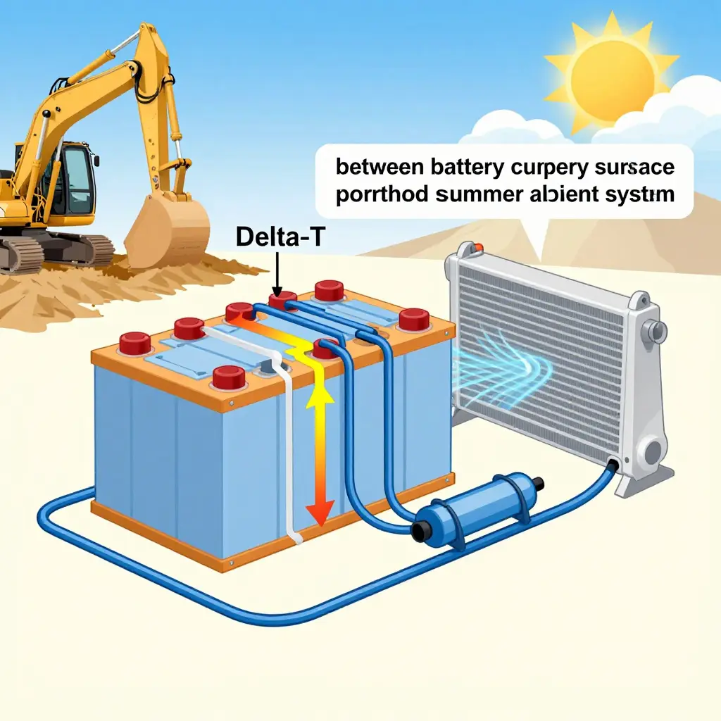 Technical schematic of a hybrid excavator battery thermal management system, showing the coolant loop, radiator, and a shrinking Delta-T between the battery surface and hot summer ambient air.