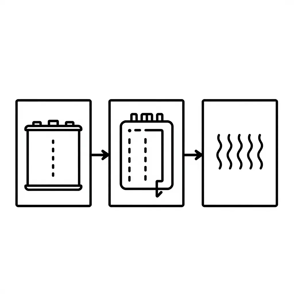 2D schematic showing heat dissipation from a battery pack through the thermal management system to ambient air, with arrows for conduction, coolant transport, and convection