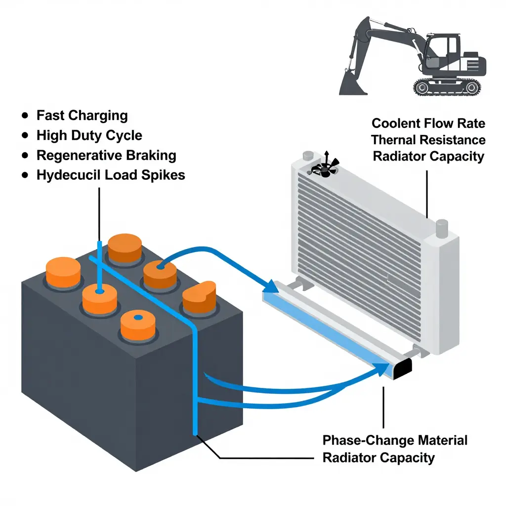 Diagram of a hybrid excavator battery thermal management system showing heat sources feeding a battery pack, a liquid coolant loop, radiator with fan, and phase-change material layer.