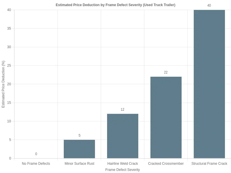 Bar chart showing estimated price deduction by frame defect severity for a used truck trailer, ranging from no frame defects at zero percent to structural frame crack at forty percent.