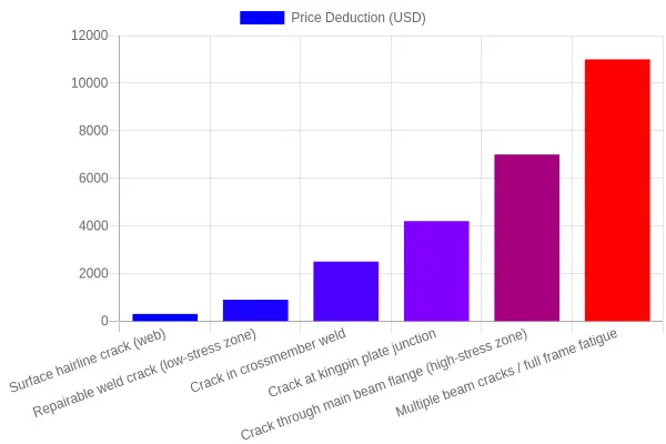 Bar chart showing typical price deductions on a used trailer for different frame crack locations, from a $300 surface hairline crack to an $11,000 deduction for full frame fatigue
