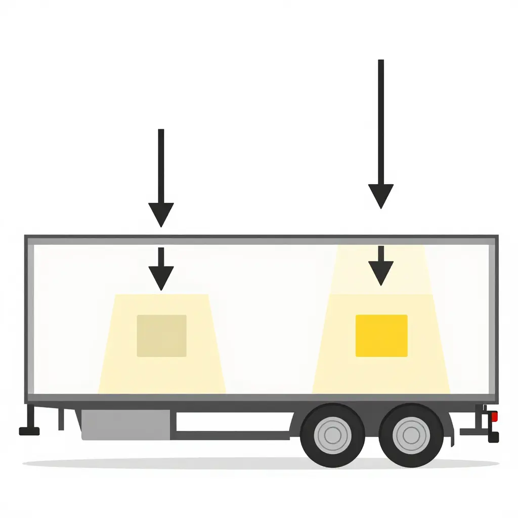 Flat two-dimensional schematic diagram of a truck trailer showing the marked GVWR plate location on the trailer body and downward arrows indicating how load is distributed across the front and rear axle groups.