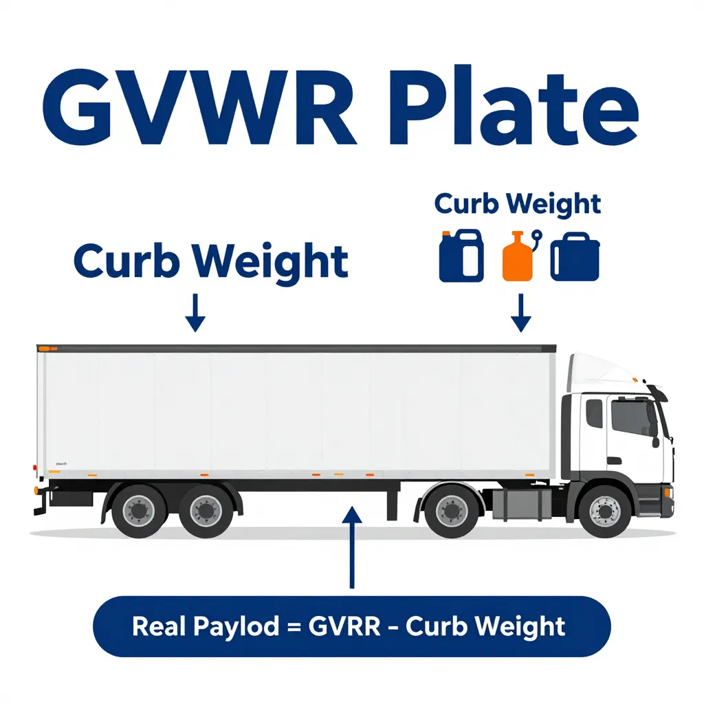 Diagram showing real payload calculated as GVWR plate minus curb weight, validated against the axle rating