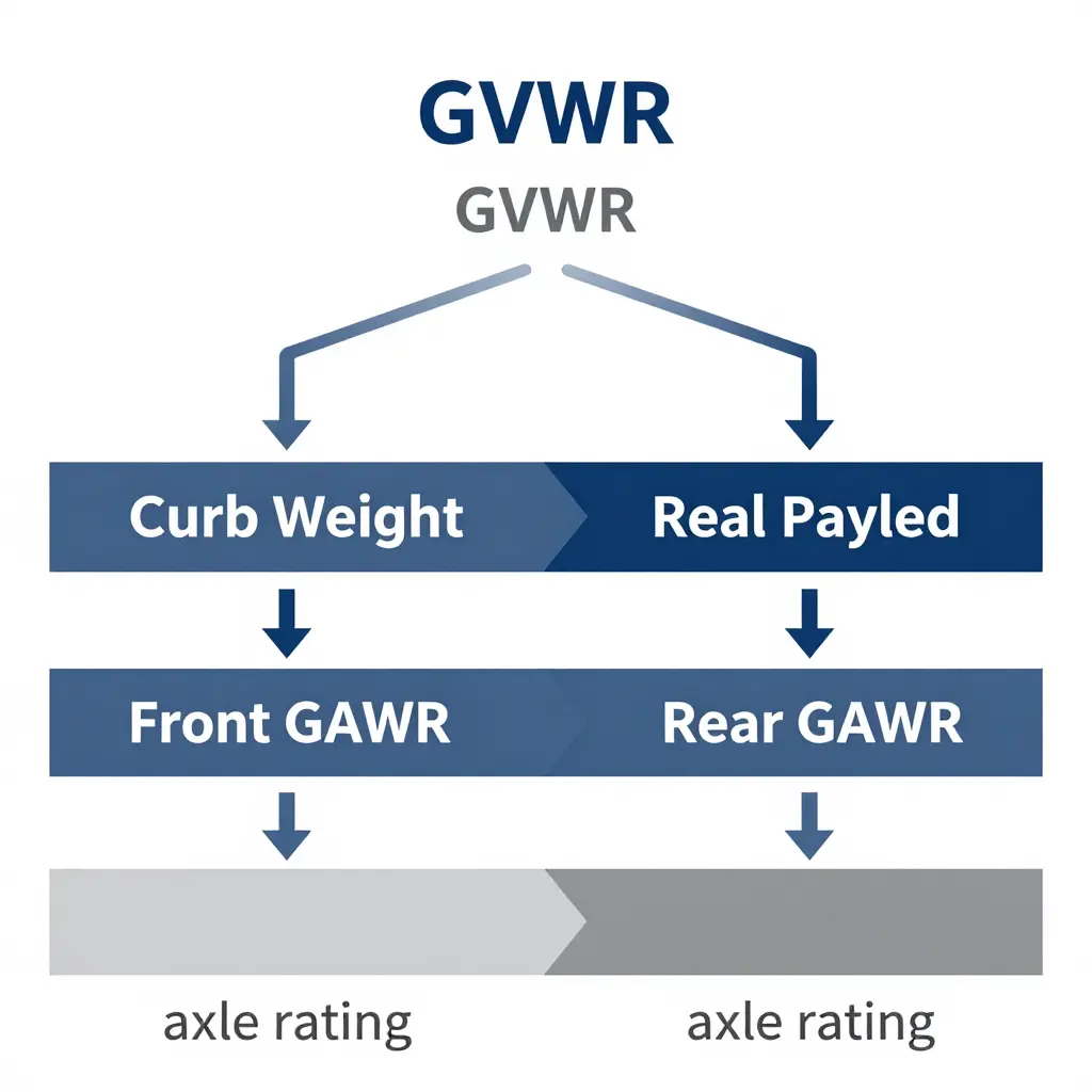 Diagram showing GVWR as the sum of curb weight and real payload, with front and rear GAWR axle ratings shown separately