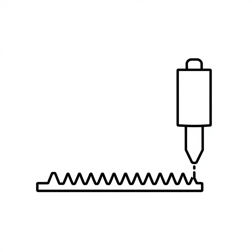 Two-dimensional technical line diagram showing an ABS wheel-speed sensor tip positioned above a row of triangular tone ring teeth, with a thin vertical measurement line indicating the air gap between the sensor tip and the teeth