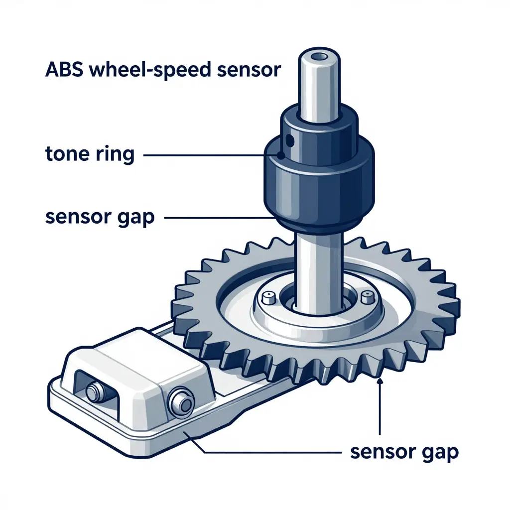 Technical cutaway of a trailer wheel end showing the ABS wheel-speed sensor, toothed tone ring, and the sensor gap between them