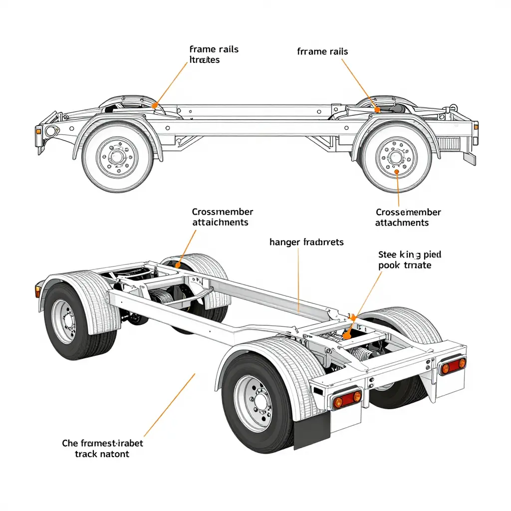 Diagram of a trailer chassis frame showing common frame crack hotspot locations including frame rails, weld joints, crossmember attachments, spring hangers, and the kingpin plate