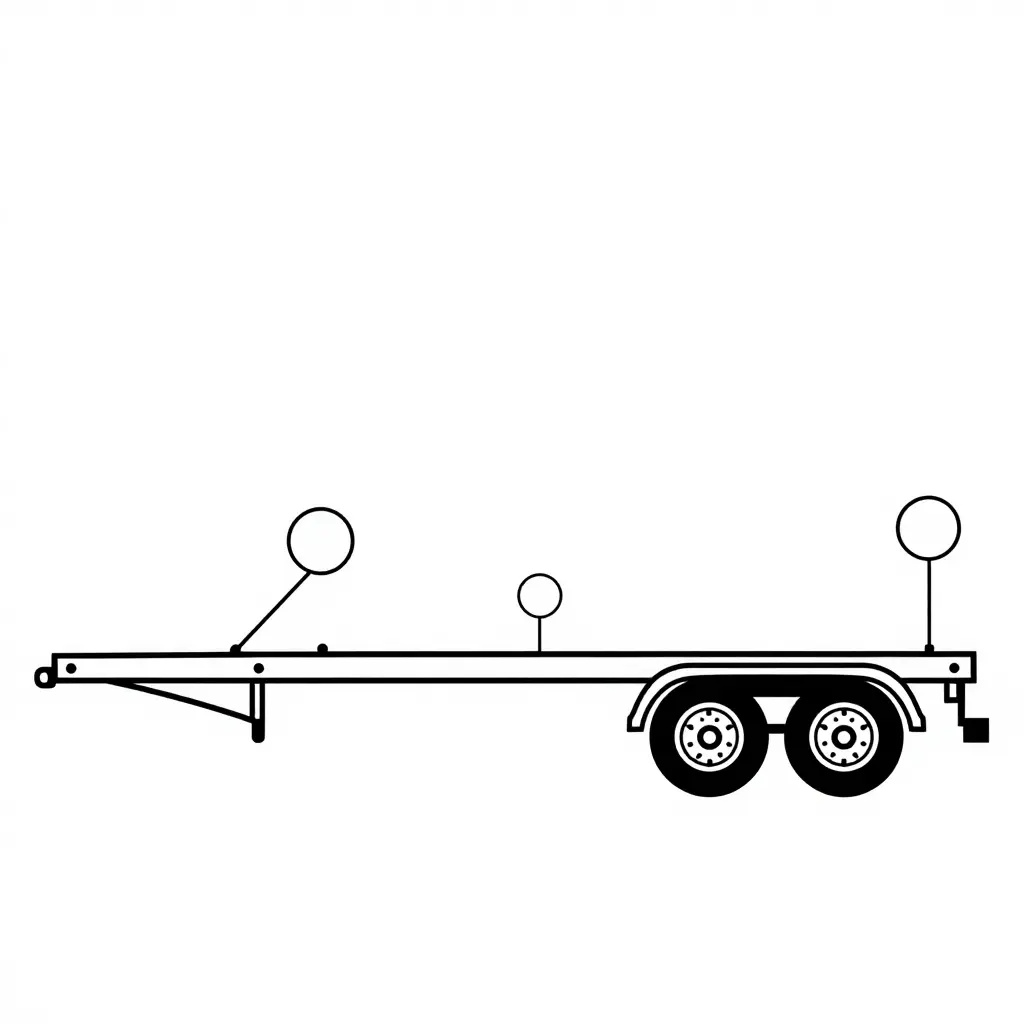 Schematic diagram of a trailer frame in profile view with common crack-prone zones marked by plain geometric callouts
